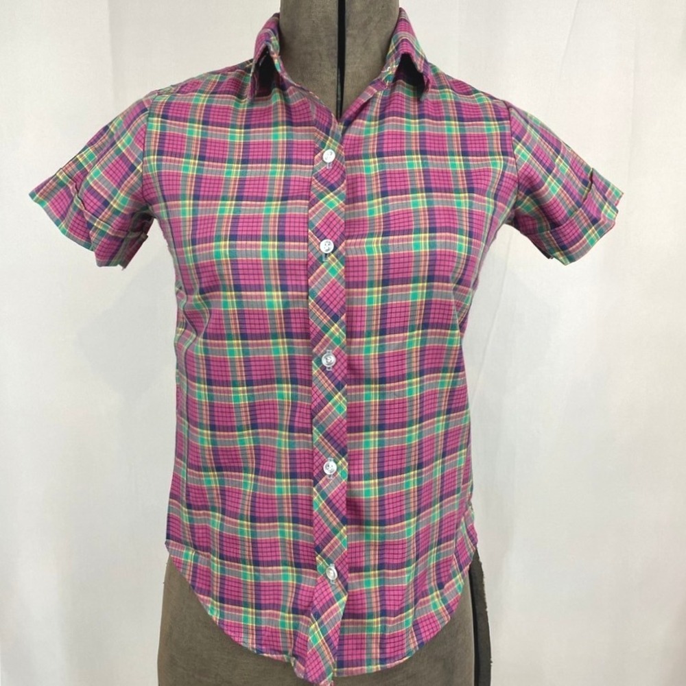 Vintage 70s Juniors (6) Pink Plaid Cotton Button Up Camp‎ Shirt JCPENNY JrHI